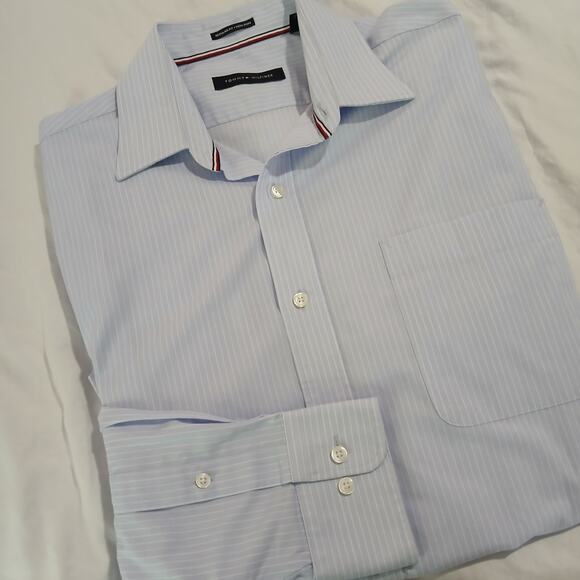 Tommy Hilfiger LS blue and white stripe button-up shirt 100% cotton 16 32/33 - Picture 1 of 14